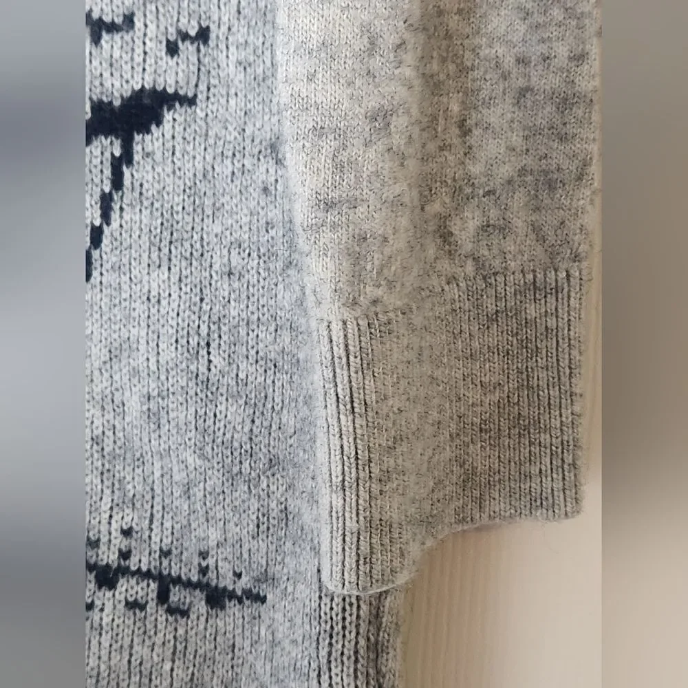 J.Crew M Gray Black 3/4 Slvs WOOL Blend Knitted Ski Print Women's Sweater